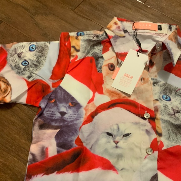 kids kitten kitty cat Santa holiday button down shirt, party new with tags - Picture 5 of 9